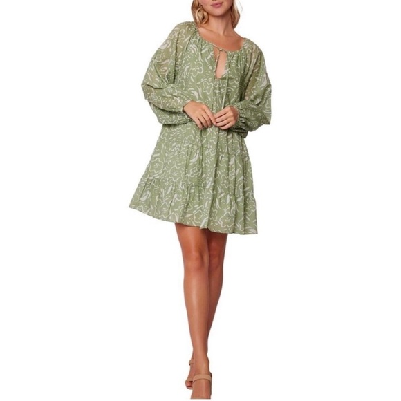 Lost + Wander Saguaro Blooms Printed Cotton Mini Boho Dress Sage Green Size L - Picture 1 of 12